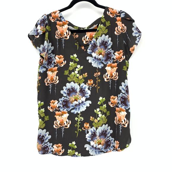 LOFT Cap Sleeve Blouse Womens Size Small Black Multicolor Floral Print - Picture 2 of 8